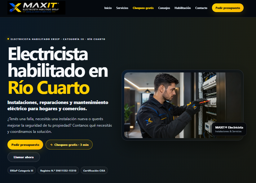 MAXIT Electricista, proyecto web profesional y SEO local en Río Cuarto